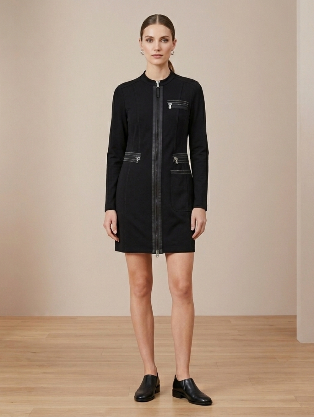 Marc Aurel Black Zipper Front Long Sleeve Dress Can Be Worn As Blazer
